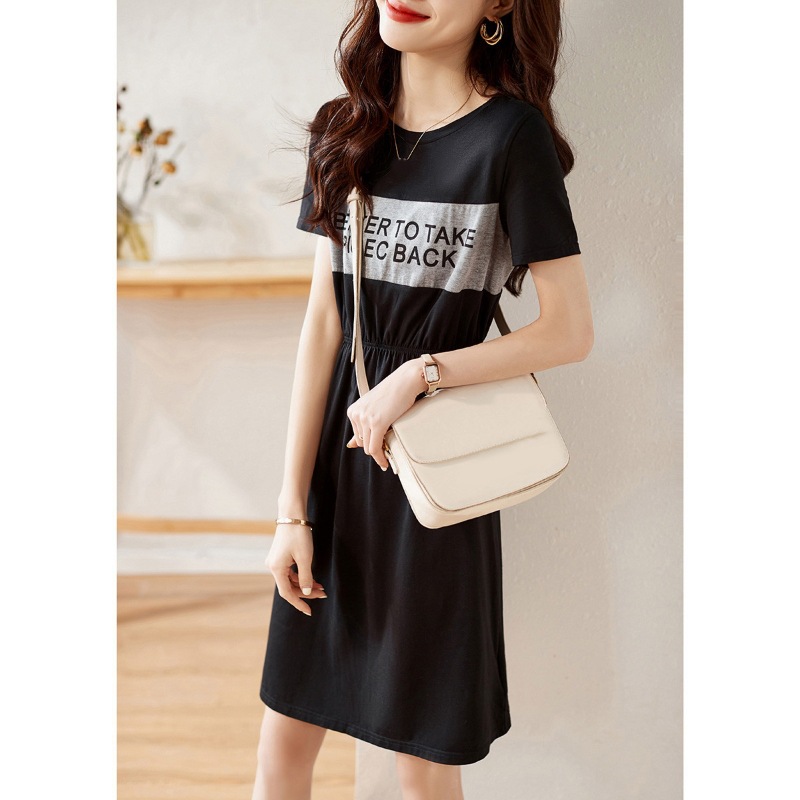 撞色松紧t恤连衣裙夏季字母印花拼接设计感腰带收腰连衣裙-阿里巴巴