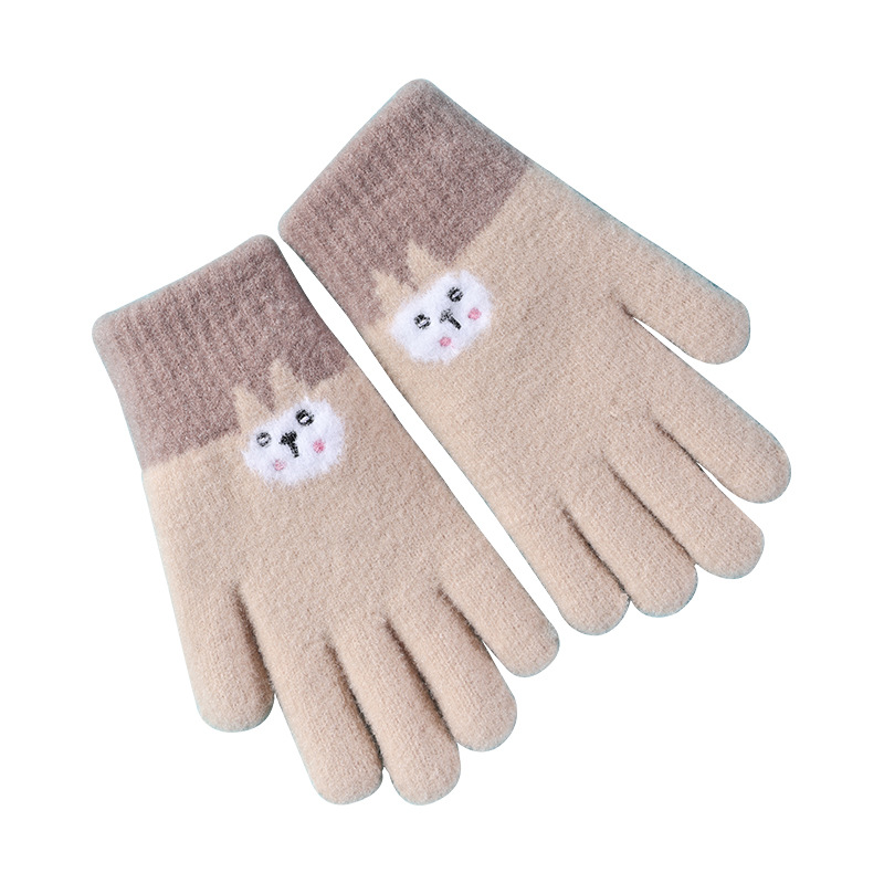 Children's Gloves Autumn and Winter Girls' Cold-Proof Thermal Knitting Wool Five-Finger Cute Cartoon Middle School Student Writing Wholesale