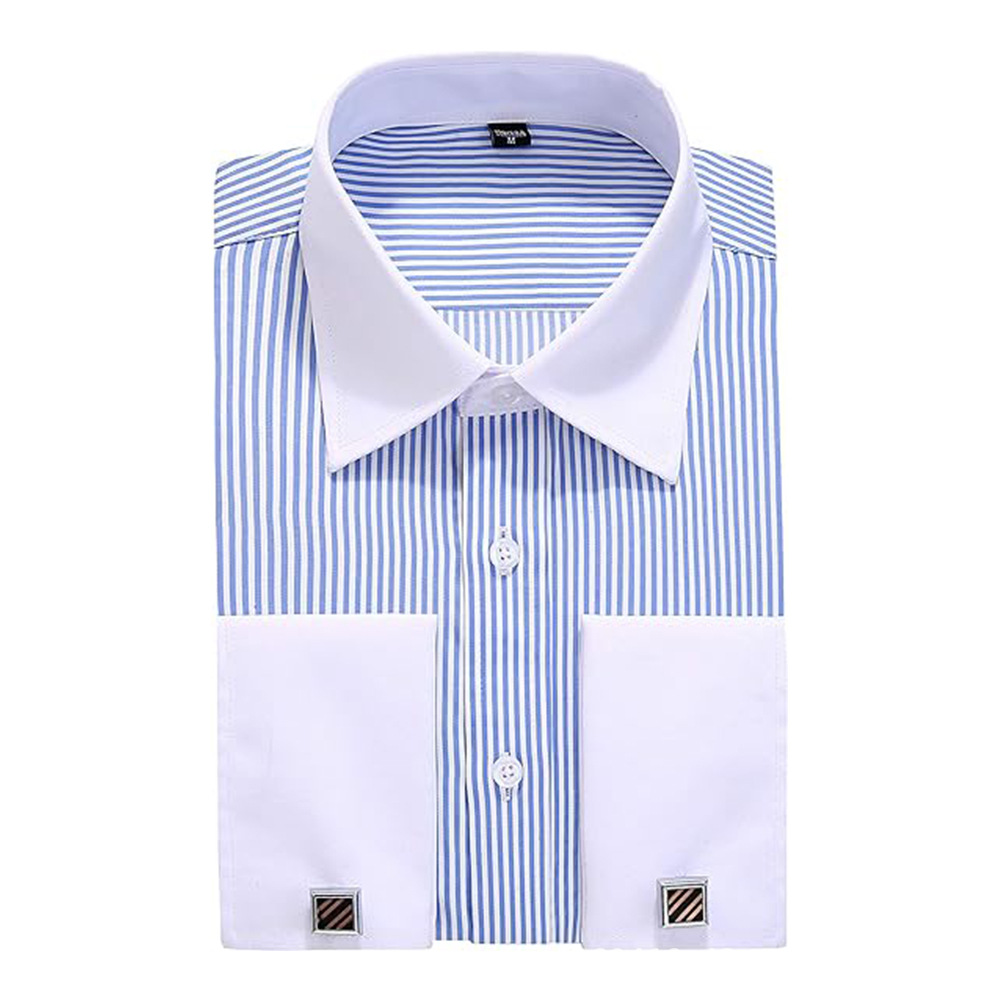 Foreign Trade Large Size Men's Spring Men's French Striped Long-Sleeved Shirt Men's Shirt Formal Dress Groom Best Man with Cufflinks