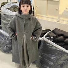 韩国童装女童中长版羊绒大衣2023冬季儿童双面呢子连帽外套