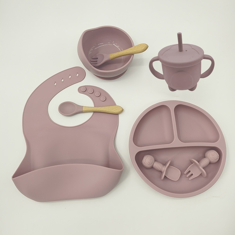 Children's Tableware Set Baby Food Supplement Eat Training Silicone Tableware Eight-Piece Set Babies' Sucking Bowl Maternal and Child Supplies