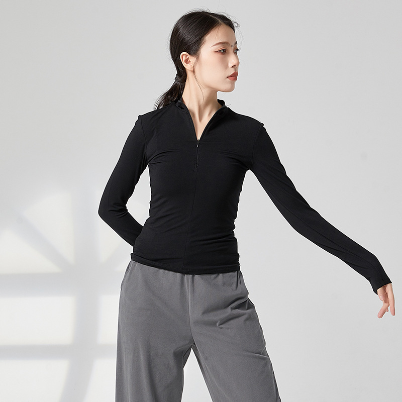 现代舞蹈练功服女式紧身长袖上衣黑色表演训练瑜伽艺考-阿里巴巴
