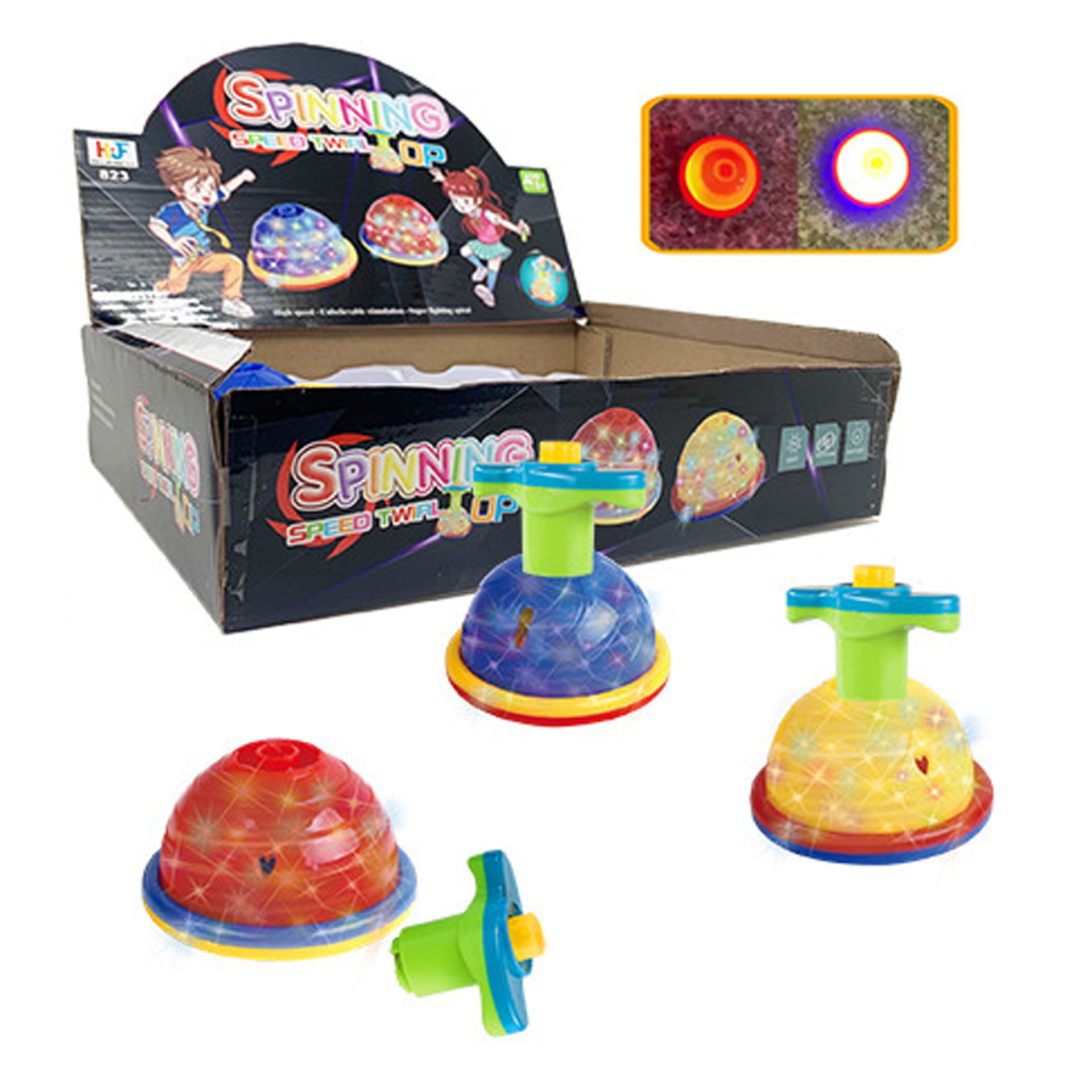 新款创意小飞船闪光陀螺灯光按压旋转发射器儿童玩具小陀螺