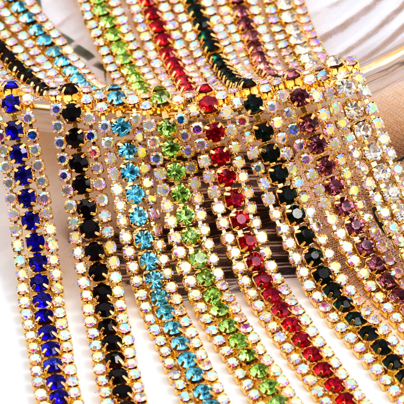 SS8 + SS16 + SS8 Three Rows Rhinestone Chain Glass Rhinestones Dense Claw Chain DIY Decoration Accessory Chain Bright Crystal