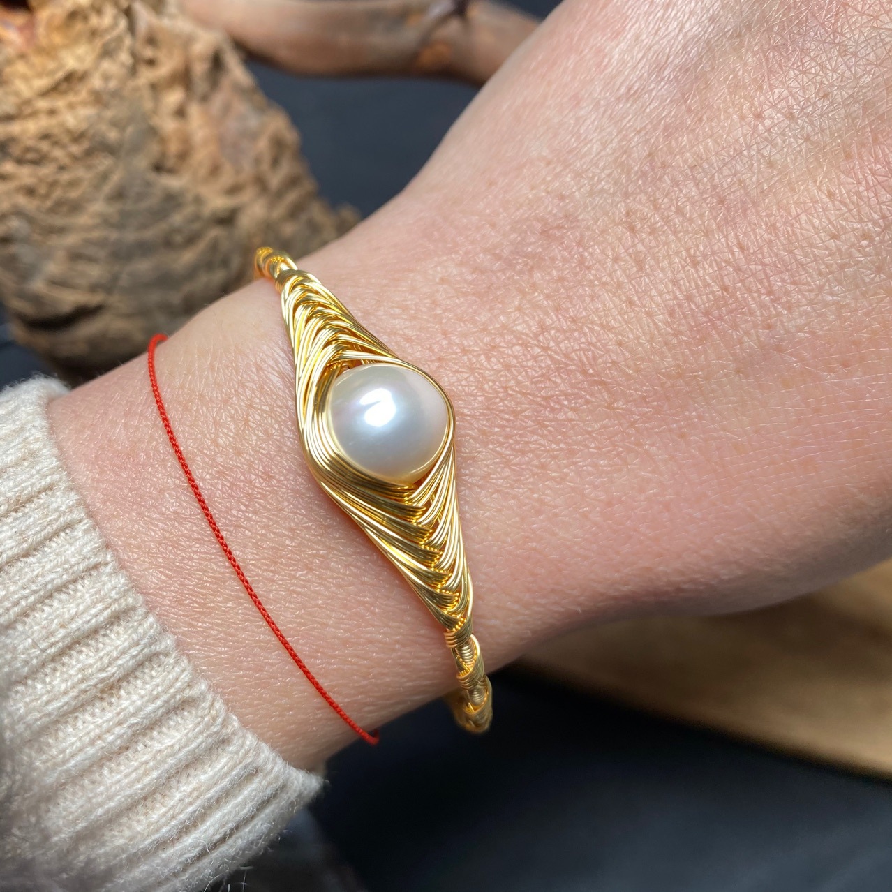 欧美原创设计淡水珍珠绕线手镯手环14k包金不褪色1213m62m