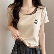 短袖T恤女2024夏季新款纯棉假两件韩版设计感正肩短款小个子上衣