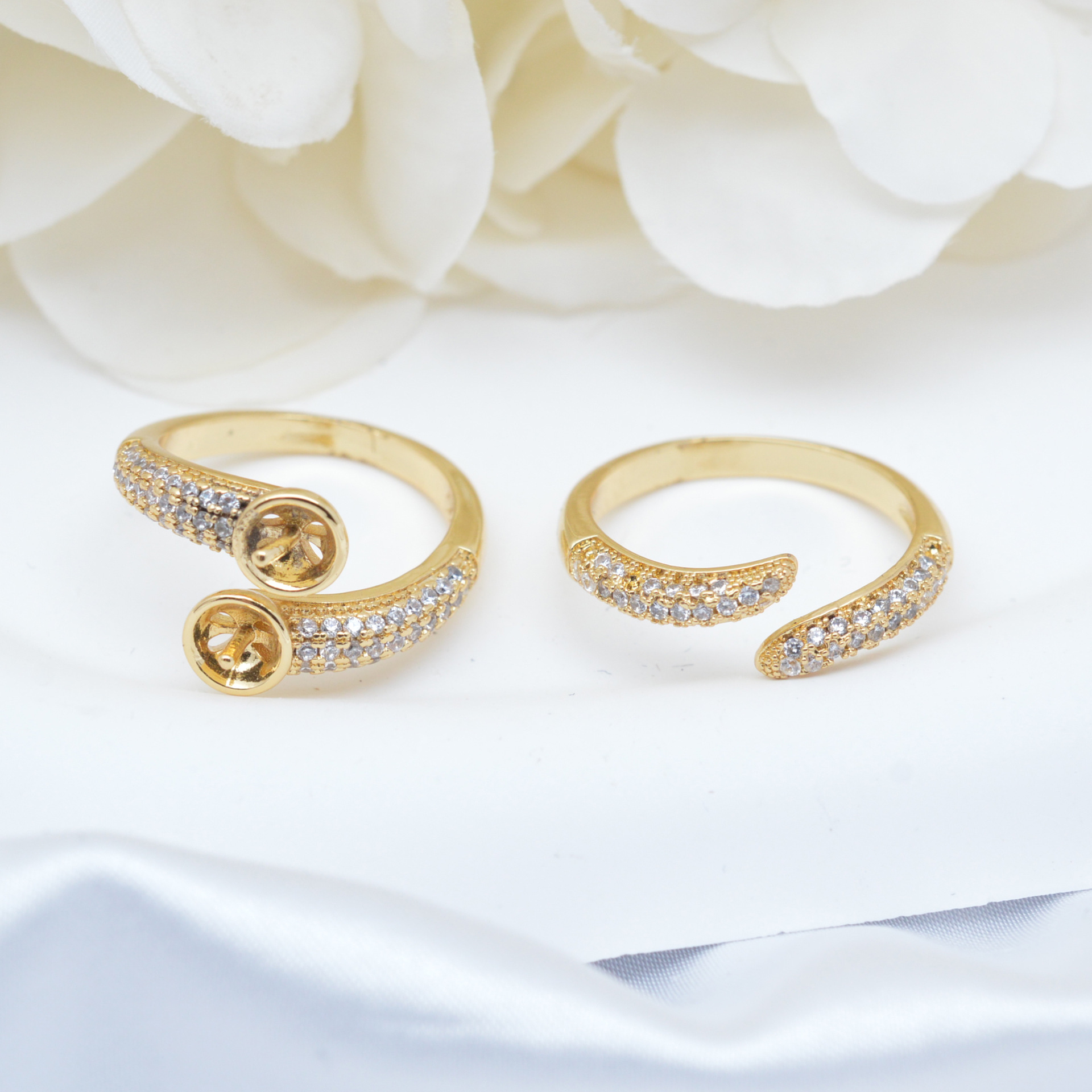 diy珍珠配件 18k包金开口戒指托 韩版微镶锆石蛇戒 珍珠戒指空托