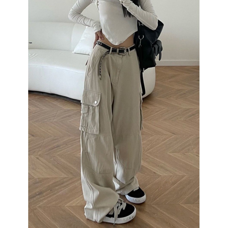 American Style Overalls Apricot Cargo Jeans Women's Retro Vibe Multi-Pocket Loose Wide Leg Leisure Mop Pants