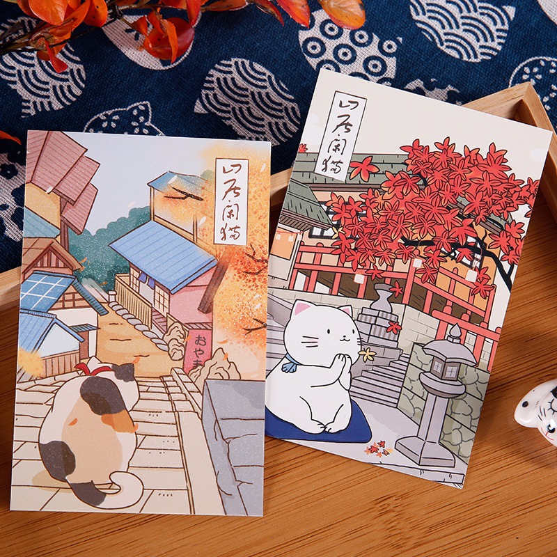 沐染手绘日式卡通猫咪明信片 椿上物语系列学生礼物留言贺卡30张