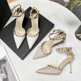 6,813-33铆钉裸色时尚网红女高跟性感罗马尖头春秋凉鞋