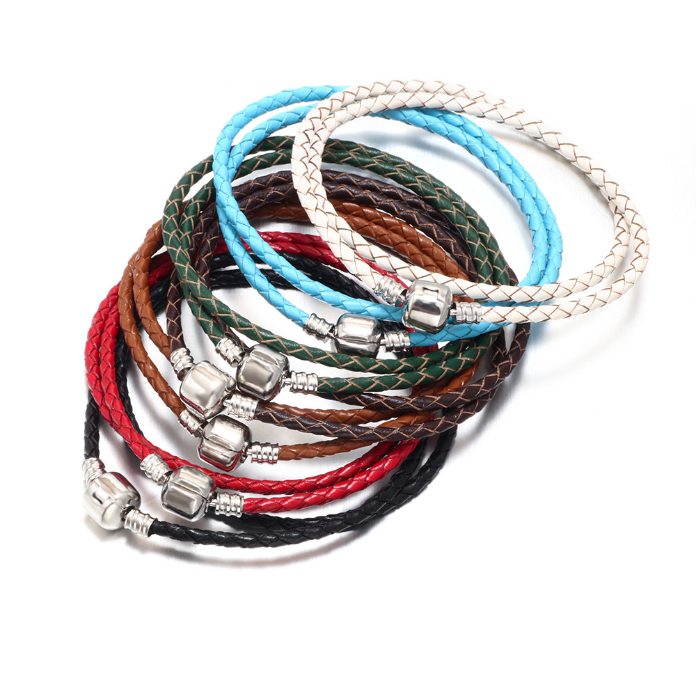 Cross-Border Hot Solid Color Bracelet Cowhide Handmade Braided Rope Double Circle Bracelet Silver Metal Buckle Multicolor Personalized Bracelet