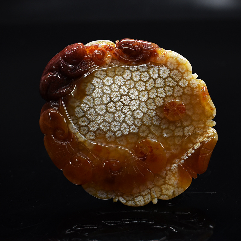 珊瑚玉雕刻天然宝玉石果冻枫叶纹菊花玉满花摆件精选直播放漏专拍