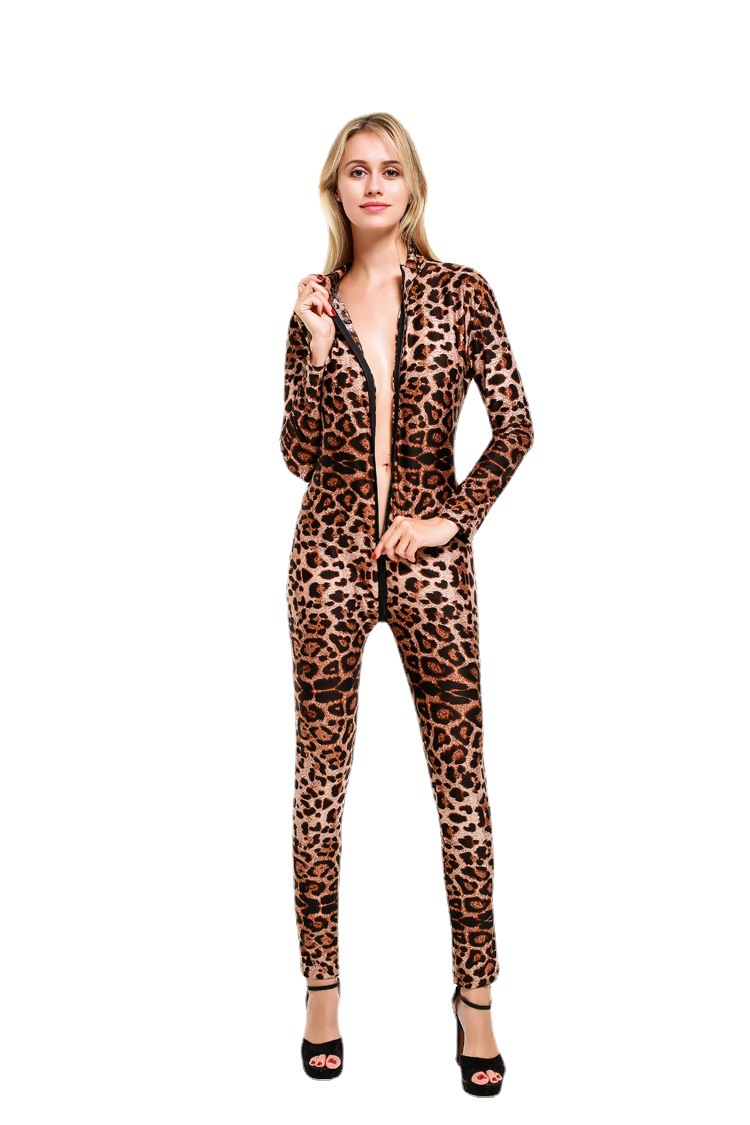 欧美免脱豹纹连体衣全身长袖长腿拉链性感紧身女情趣内衣开档批发