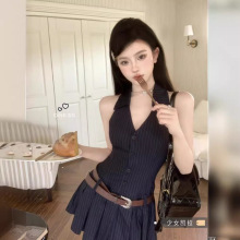 无袖挂脖吊带连衣裙女夏季美式百褶裙甜辣露背短裙纯欲辣妹风裙子