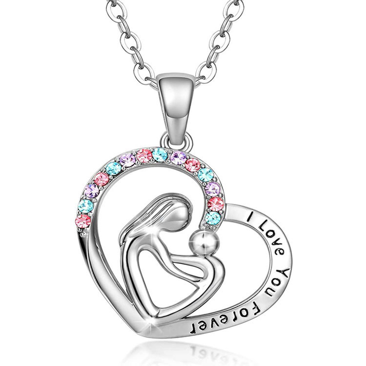 跨境亚马逊新品 欧美新款七彩爱心母子项链 i love you forecer