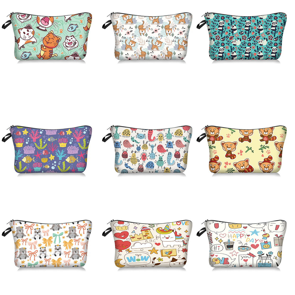 Cross-Border New Arrival HD Digital Printing Cartoon Series Cosmetic Bag Cute Animals Panda Cat Fish Handheld Storage Lazy Portable Travel Bag