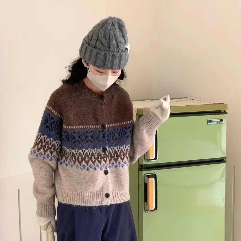 北欧复古提花撞色慵懒风羊毛加厚毛衣外套女秋冬新款韩版针织开衫