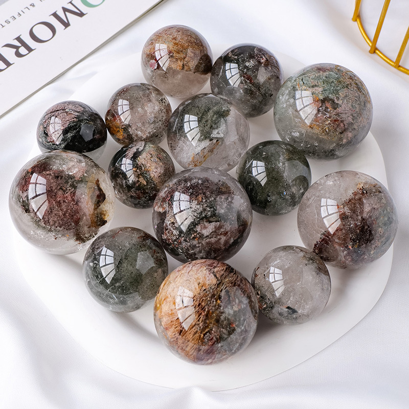天然绿幽灵水晶球摆件四季彩幽灵风水转运能量球摆设水晶工艺品批-阿