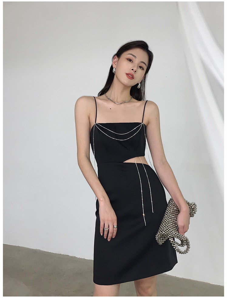 2021新款黑色水钻装饰吊带腰部镂空连衣裙 名暖生日派对晚礼服