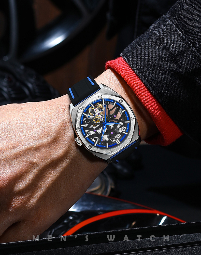 马克华菲 fairwhale手表男士机械透底方形表全自动镂空夜光防水表