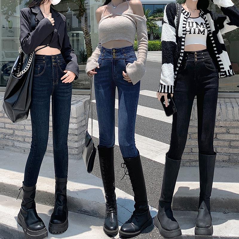    New Spring 3 Button Women's High Waist Stretch Slim Fit Skinny Pants Simple and Thin Jeans Women's Pencil Pants