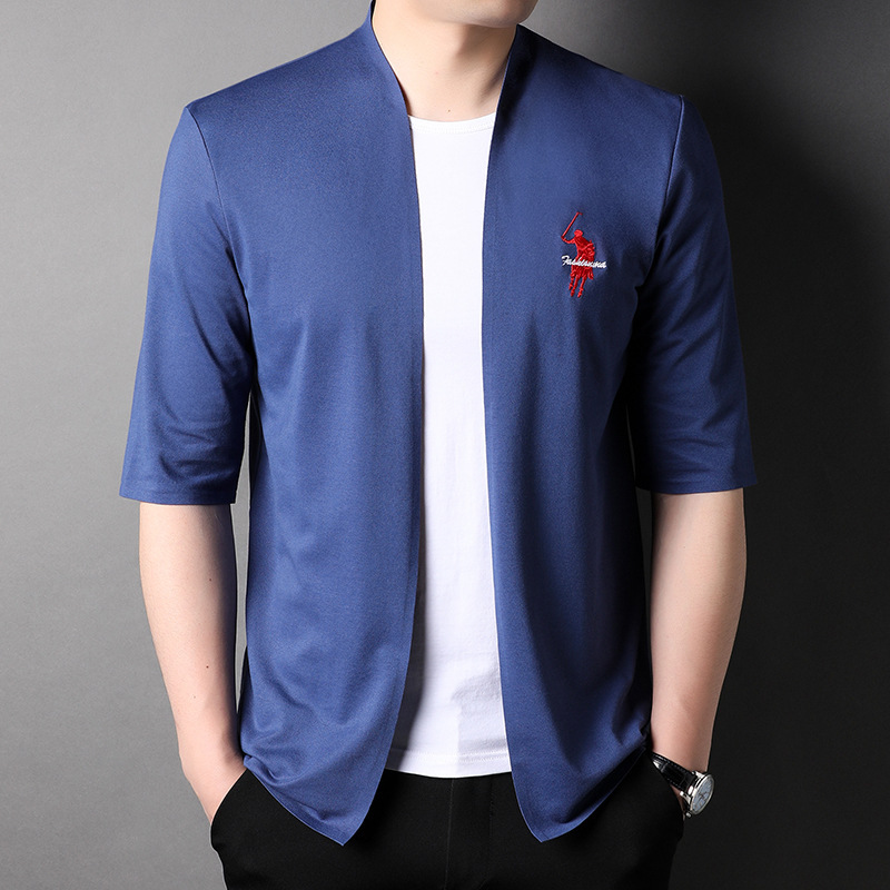 2022夏季中年男桑蚕丝外批新款纯色翻领短袖休闲时尚宽松韩版开衫