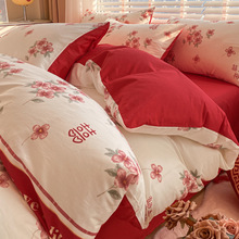 结婚床上四件套100被套床单被罩红色喜庆床笠三件套床品4