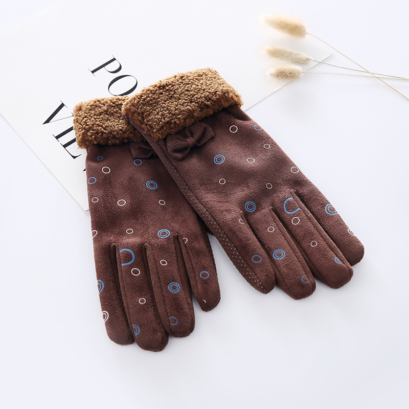 Colorful Printed Gloves Women's Suede Finger Gloves Bowknot Decorative Cloth Gloves Fleece Lined Winter Gloves