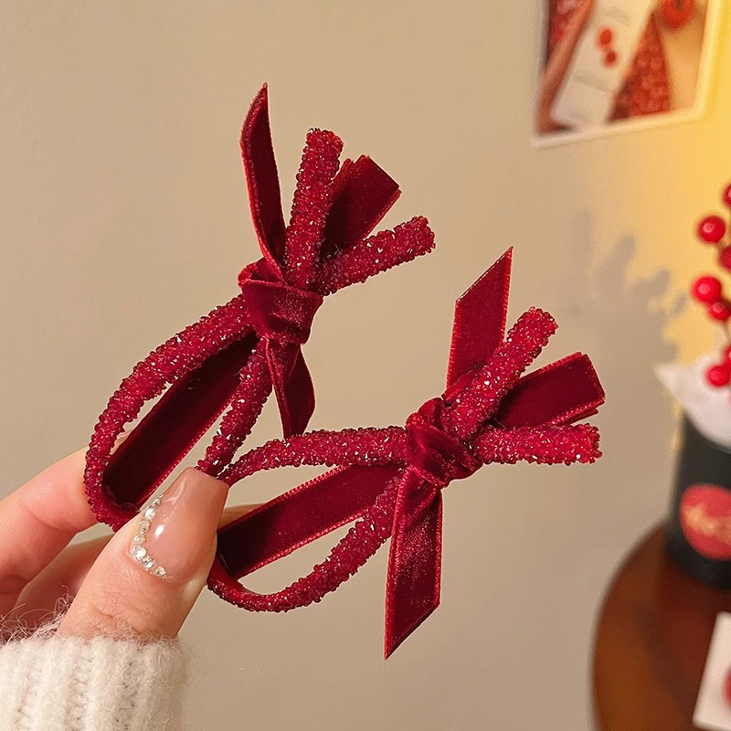 新年红色丝绒蝴蝶结刘海发夹女前额碎发夹秋冬侧边一字夹圣诞发卡