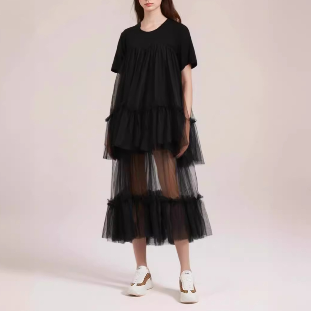 欧美小众高级感双层拼接连衣裙女夏季新款透视网纱气质度假长裙