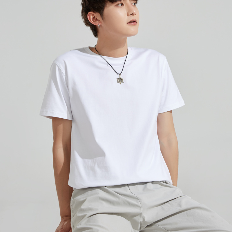 高品质纯棉t恤新疆棉跨境2022夏季圆领t恤短袖男纯色210g宽松男士