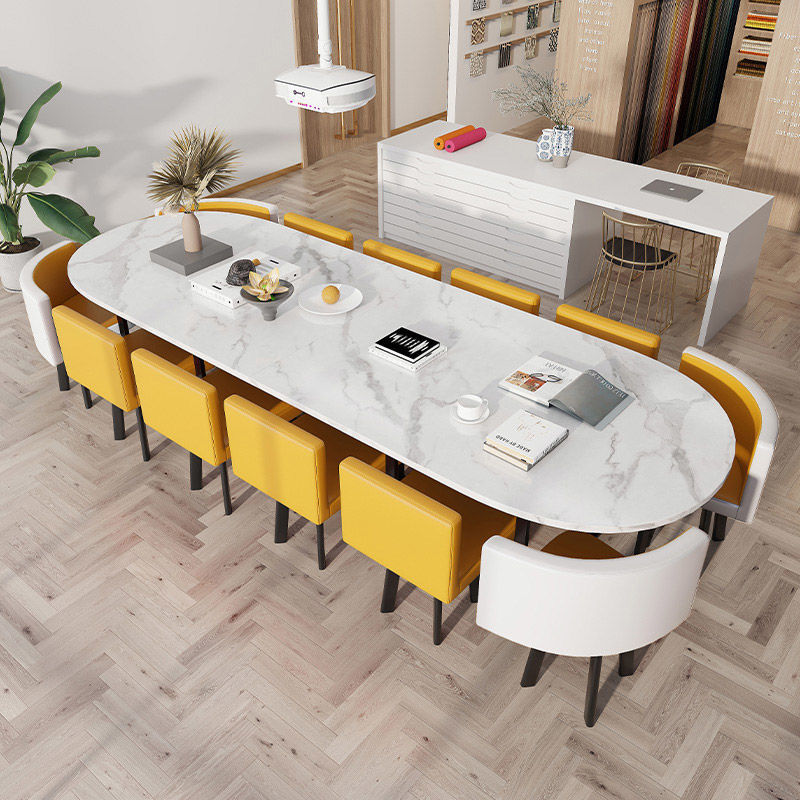 椭圆形白色会议桌简约现代8-12人简易长条培训桌子阅览室桌椅组合