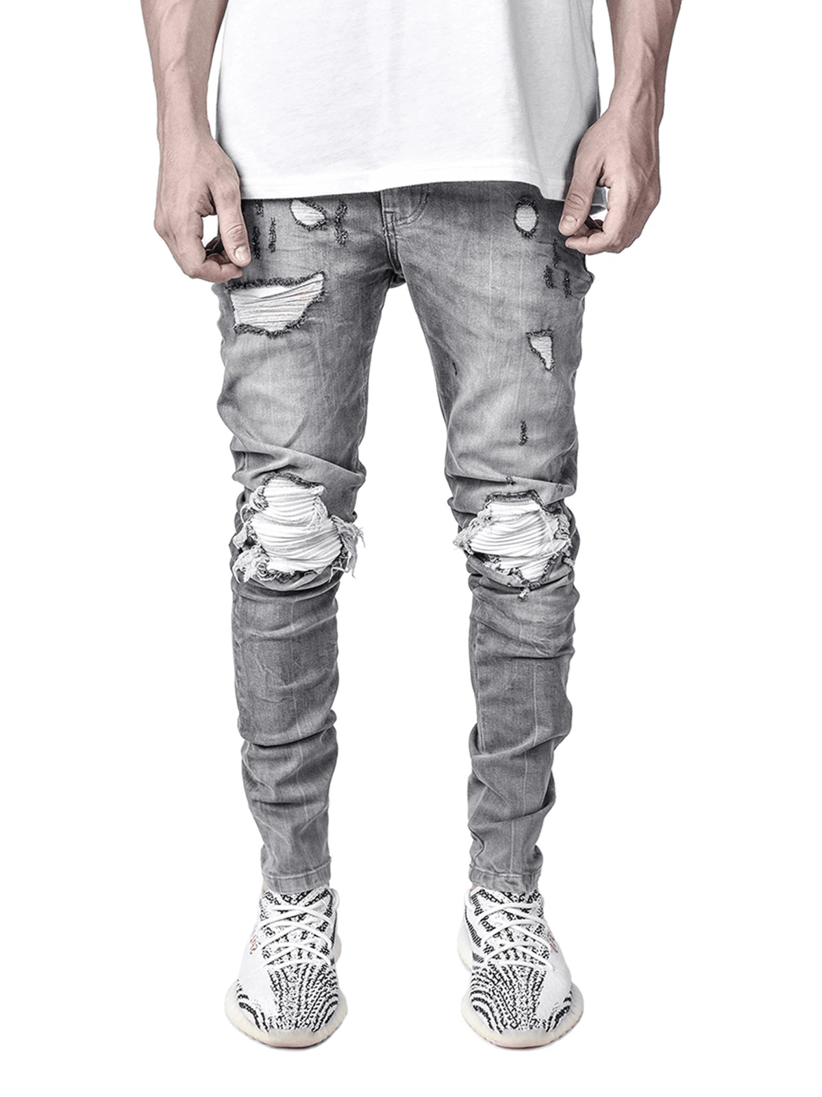 European Station Ins Trendy Men's Stretch Denim Skinny Pants Cross-Border Foreign Trade Motorcycle Ripped Black Jeans Men