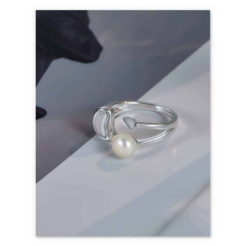 Electroplated Sterling Silver Natural Freshwater Pearl Ring European and American Niche Dual Layer Open-End Adjustable Geometric Index Finger Ring