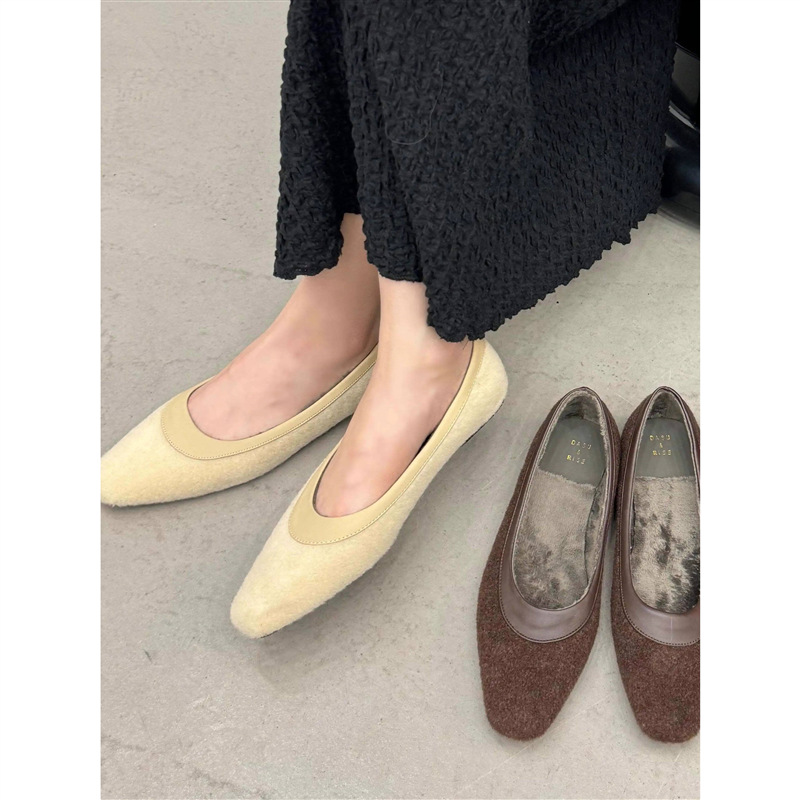 方头平底鞋奶奶鞋女2023秋季新款百搭网红加绒低平跟浅口法式单鞋