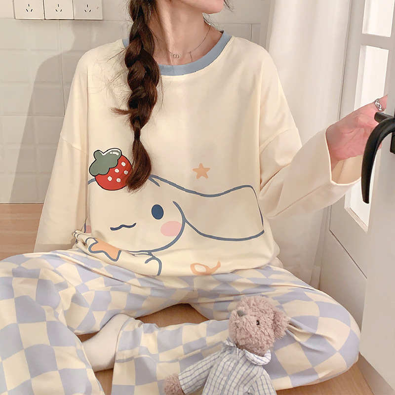 Spring and Autumn New Pajamas Women's Autumn Long Sleeve Length Blouse and Pants Cotton Sweet Ins Style Ladies' Homewear Can Be Worn outside