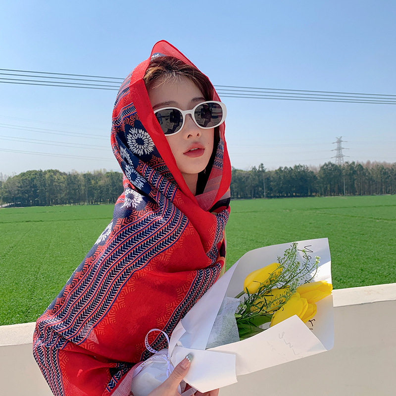 Korean Style Thin Ethnic Style Travel Scarf Long Scarf Summer Seaside Beach Sun Protection Shawl Female Dual Purpose Scarf