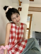 温柔韩系红色格子背心女夏季复古无袖娃娃衫甜美小众宽松上衣外穿