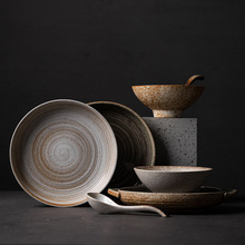 日式简约粗陶碗碟套装复古家用料理窑变碗盘碗筷陶瓷饭碗餐具套装