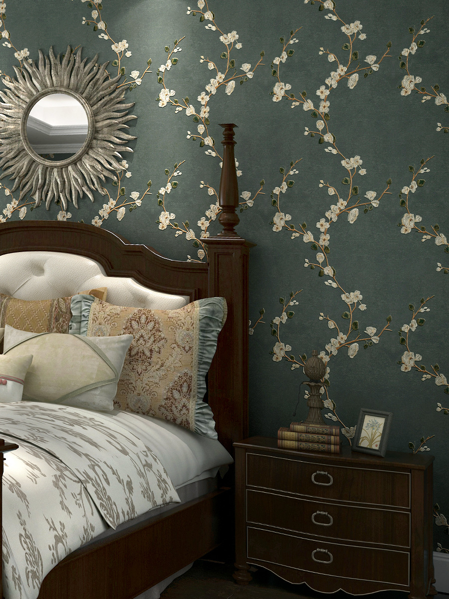 墙布无缝全屋大碎花刺绣美式轻奢卧室高档电视墙家用现代简约壁布