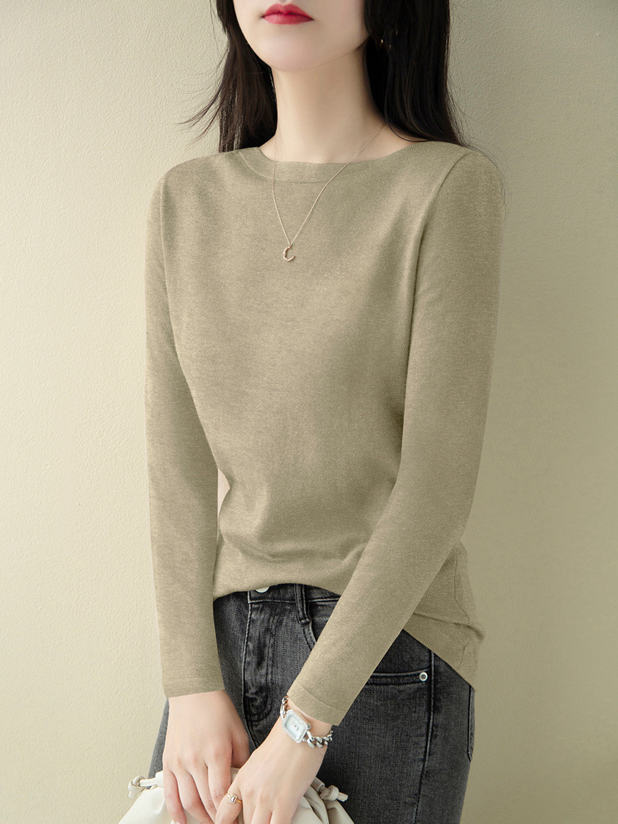 2023 New Spring and Autumn French Simplicity off-Shoulder Collar Sweater Long Sleeves Inner Wear Slim Fit Slim Looking Base Sweater