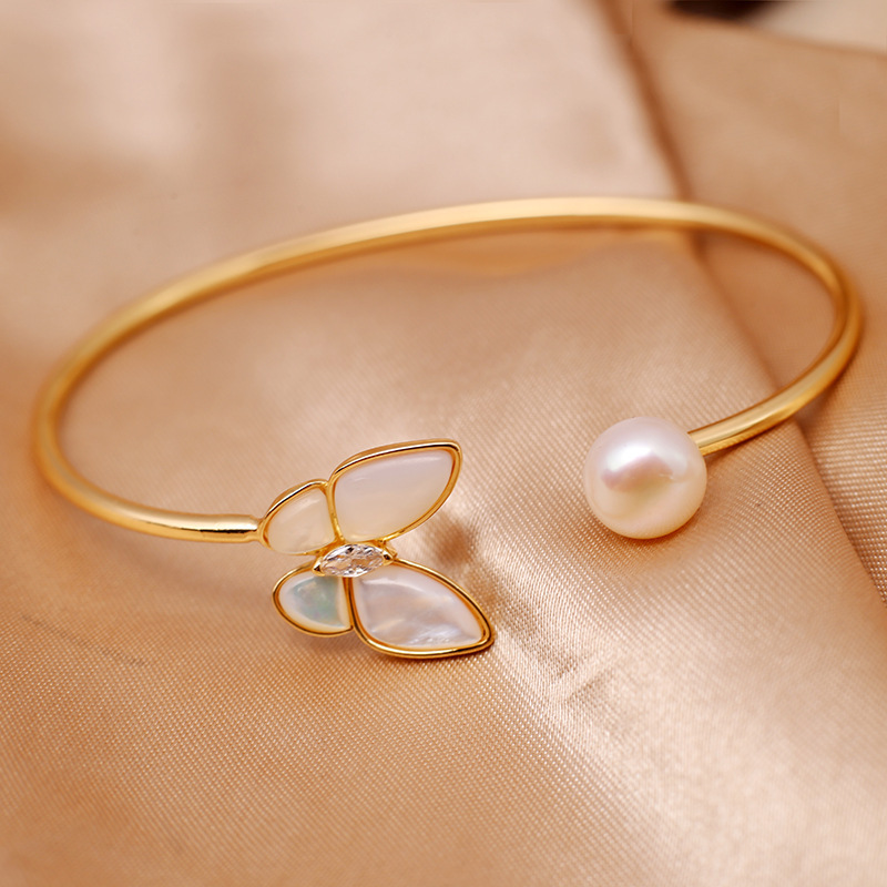 蝴蝶贝母手镯淡水珍珠镶嵌 开口可调单珠手环金色款珍珠 贝壳手链