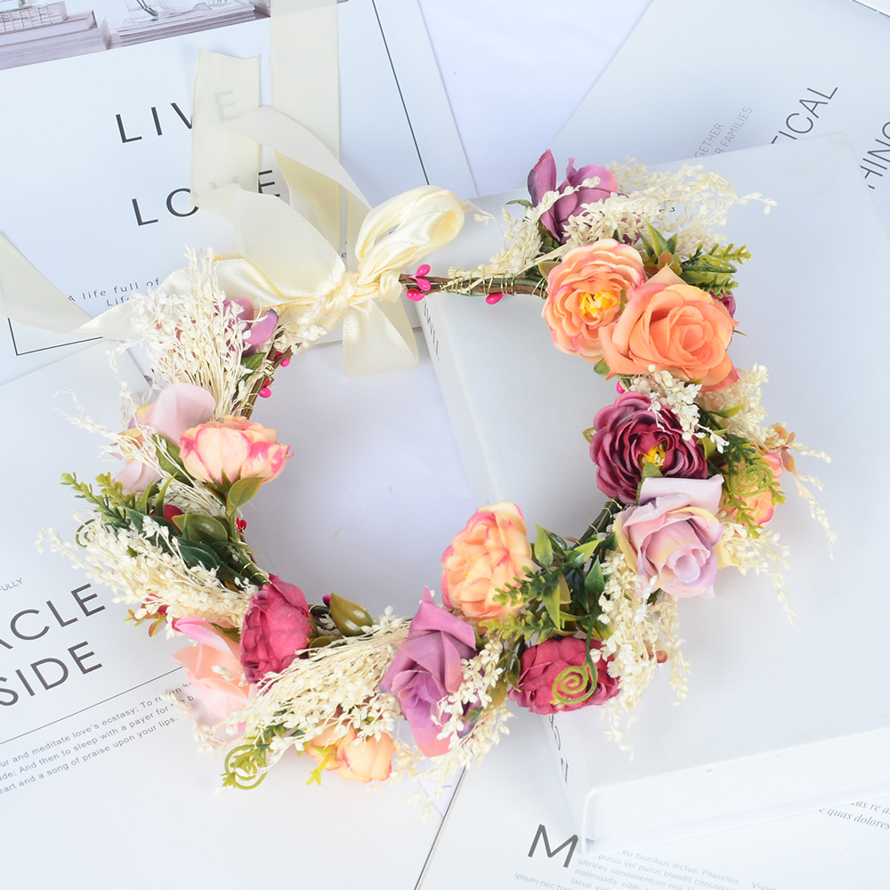 跨境热销夏威夷花环发箍新娘结婚头饰伴娘拍照仿真花干草发带批发