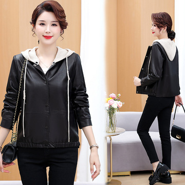 妈妈春装外套时尚女短款连帽pu皮夹克洋气新款中老年人春秋上衣服