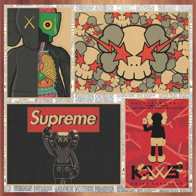 欧美潮牌kaws海报街头涂鸦艺术复古牛皮纸海报装饰墙画壁画378