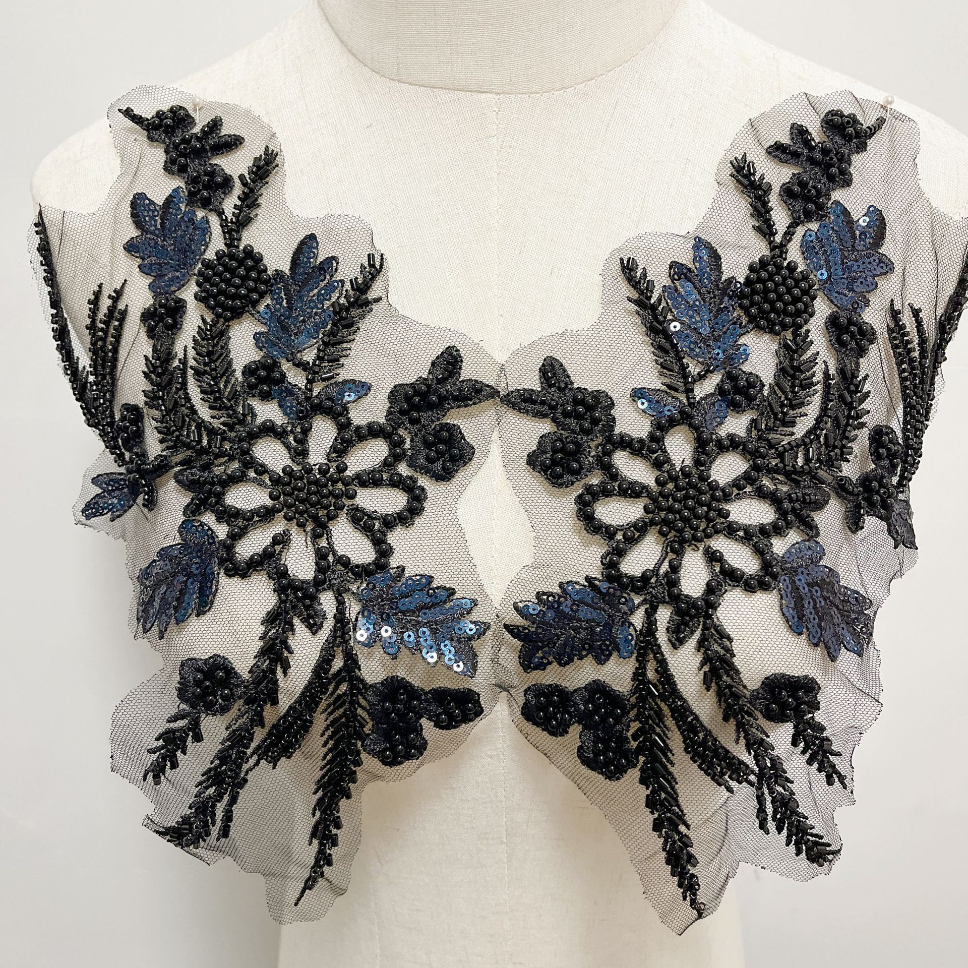 现货新款高档刺绣网纱底珠绣对花 珠片珠珠重工手工花个花边辅料