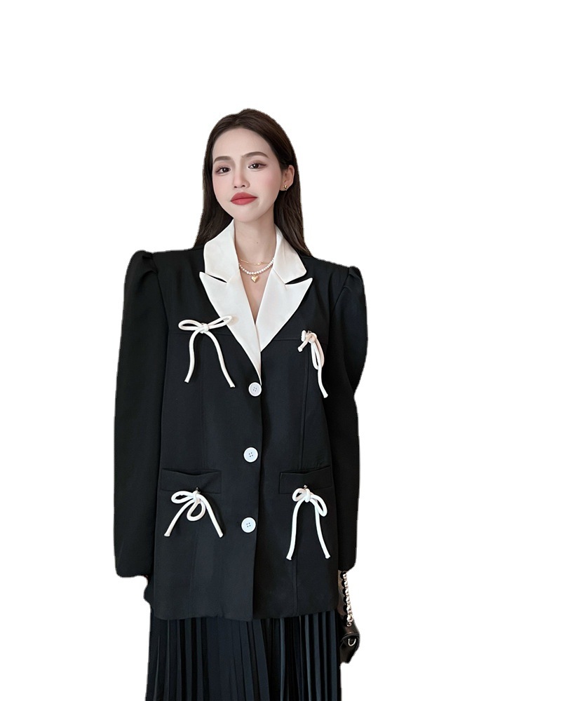 实拍2022新款韩版撞色蝴蝶结西装外套时尚气质宽松廓形西服上衣