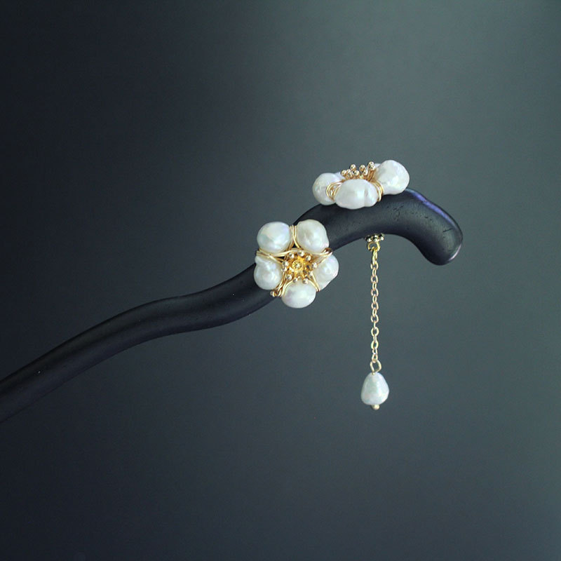 巴洛克淡水珍珠黑檀木发簪古典盘发簪子汉服发钗新中式-阿里巴巴