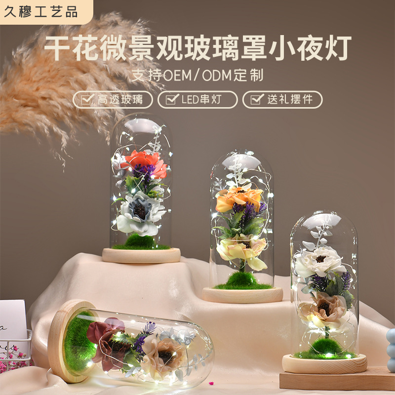 Home Small Night Lamp Borosilicate Glass Cover Preserved Fresh Flower 2 Dried Flowers Micro Landscape Desktop Decoration Factory Wholesale
