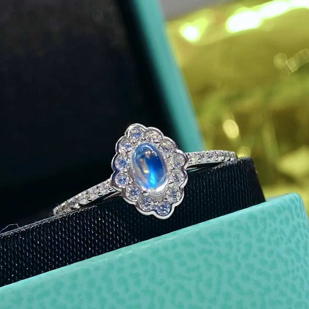 天然月光石戒指活口设计镶嵌s925银女款戒指简约款戒指网红直播货